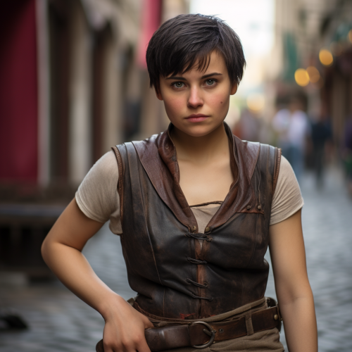 Androgynous girl in medieval street