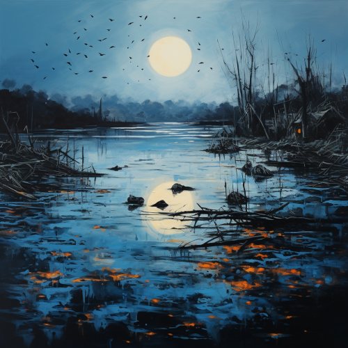 Medieval lake with dead fishes and occultic symbol