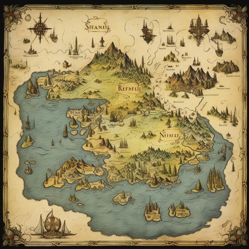 Medieval map with a scenic lake