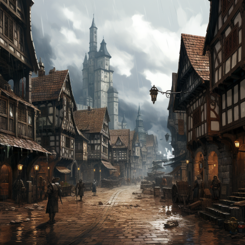 Illustration of a rainy medieval city