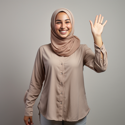 Mediterranean woman happily signaling with three fingers