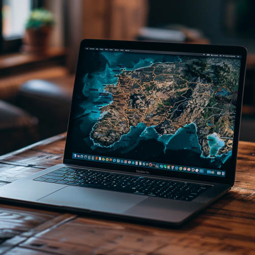 Macbook on modern wooden table with Iberian Map