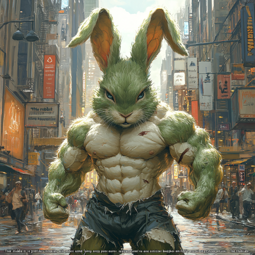 green muscular rabbit city street