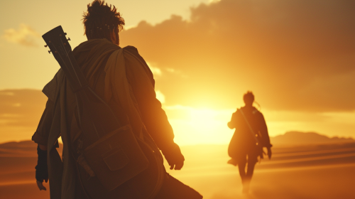 Guitarist and Trumpetist Walking Sunset Desert