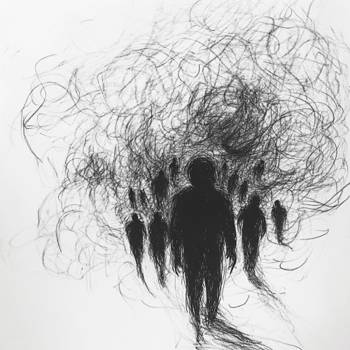 Shadowy figure looming over silent group