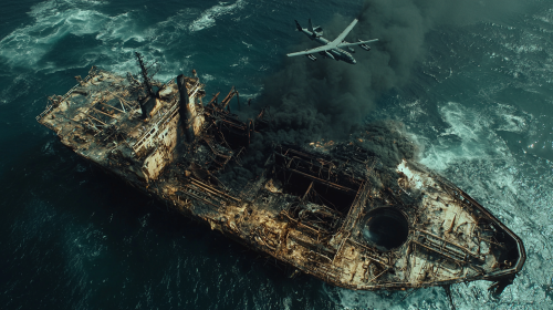 Aerial shot of burned exploration ship