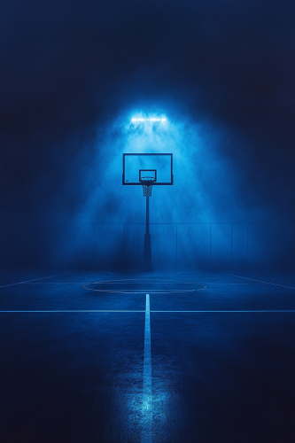 Basketball court immersed in deep blue