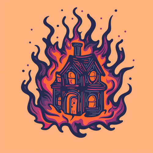 Retro house mascot drawing flames