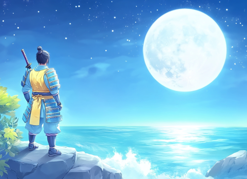 Samurai armor overlooking moonlit sea