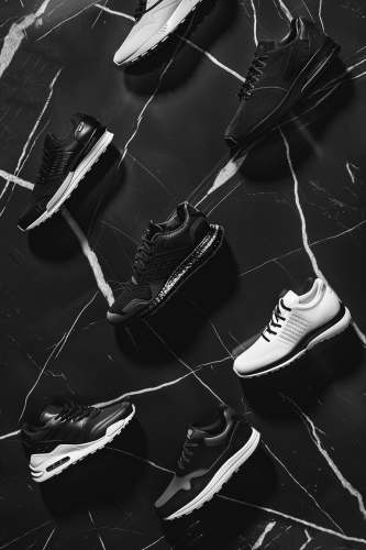 six luxury athletic shoes on black marble display studio