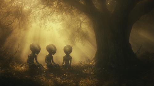 Small grey aliens talking to young humans