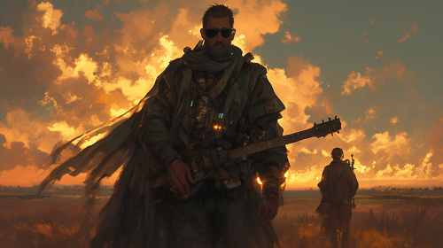 Musicians walking in desert city