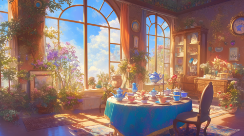 Colorful teapots on charming table