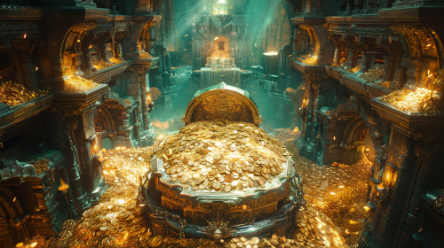 Gold coins and jewels treasure room