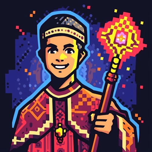 Happy wizard with magic wand