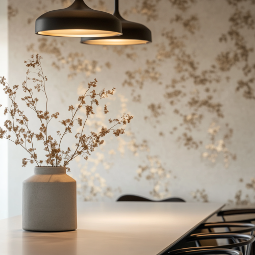 zoomed-in view of white dining room wall with wallpaper.