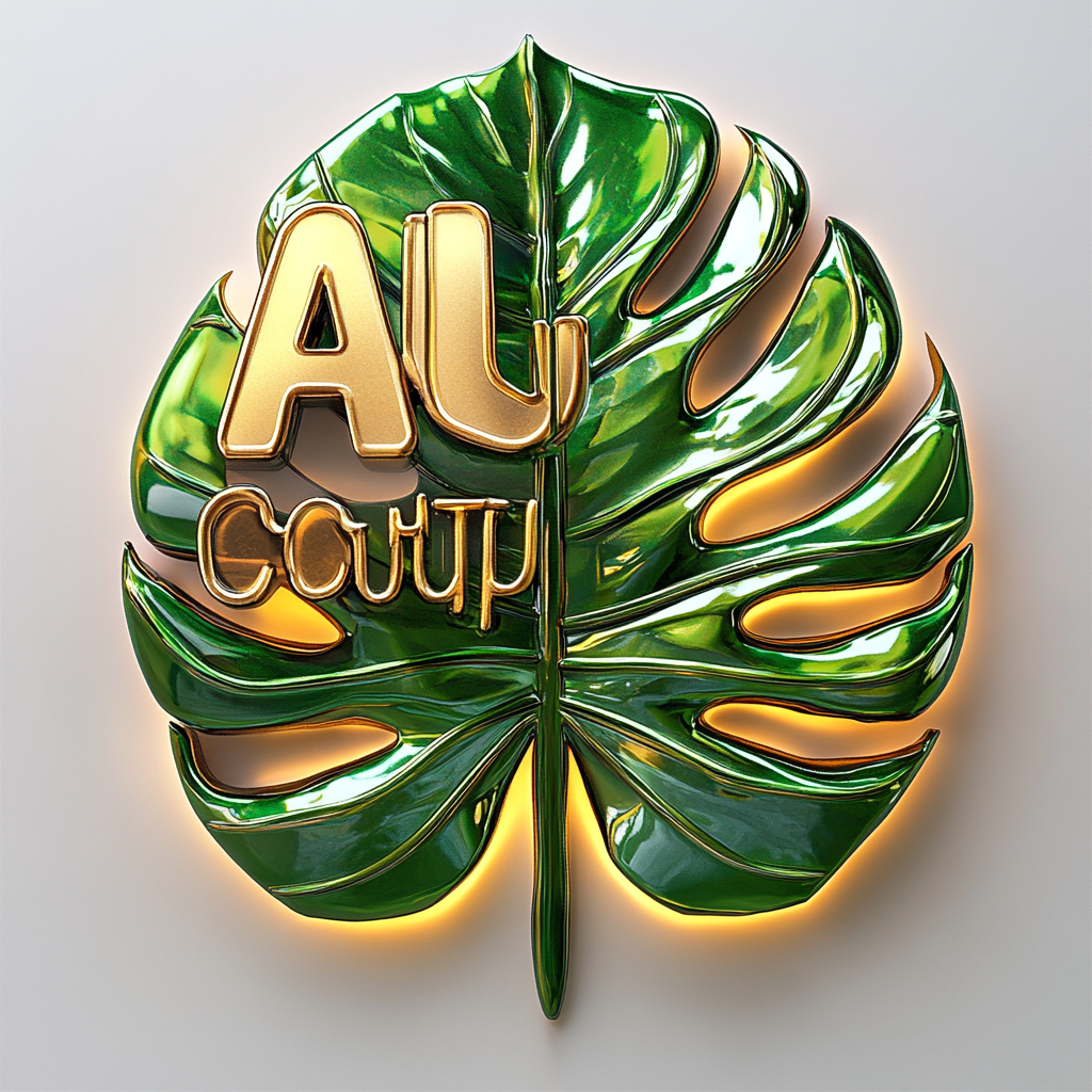 ' Aroid Society' logo with realistic tropical leaf, metallic font.