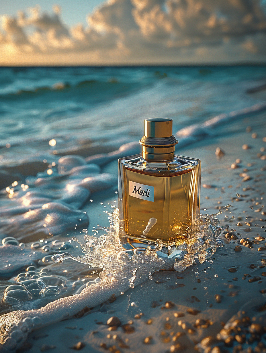 'Mapil' perfume bottle on beach, blue ocean background.