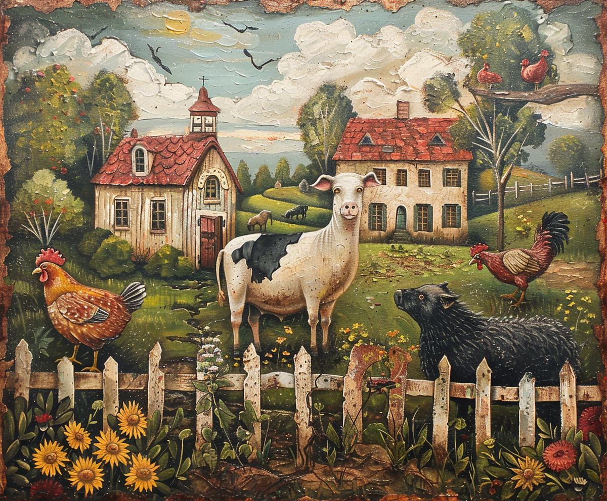   Animals on the farm in a painting