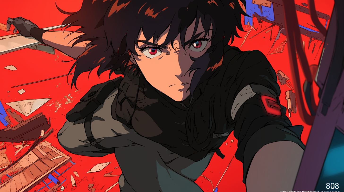  Anime-style illustration of Makoto Kusanagi in 90s cyberpunk.