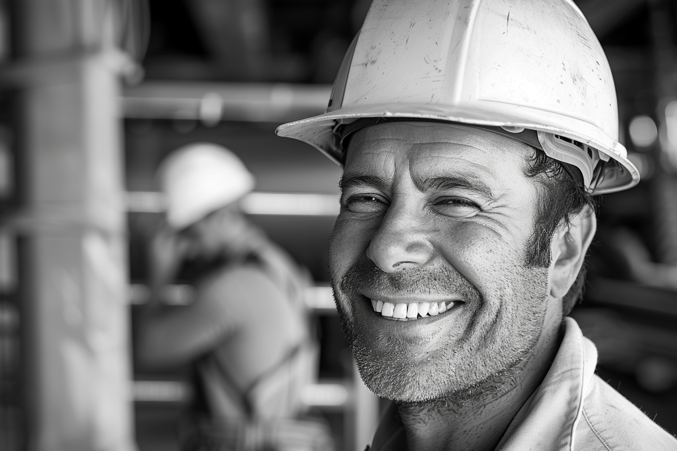  Black and white photo of smiling man at construction site.