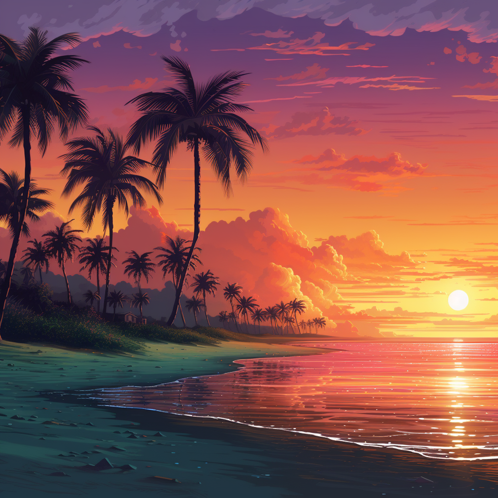 4. A sunset beach scene with palm trees