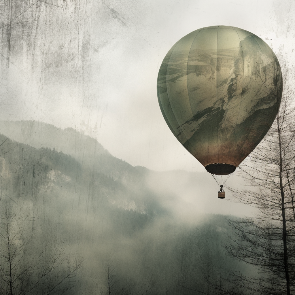 4. Green balloon floats in mountain landscape