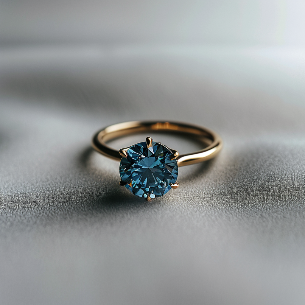 4. The ALT Text for the image could be  Matte gold engagement ring with blue diamond.