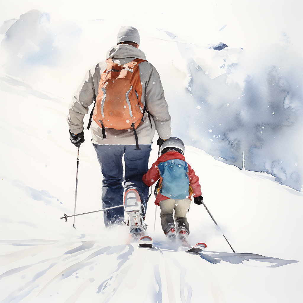 4. The ALT text for the image could be  Watercolor of a skiing man with baby .