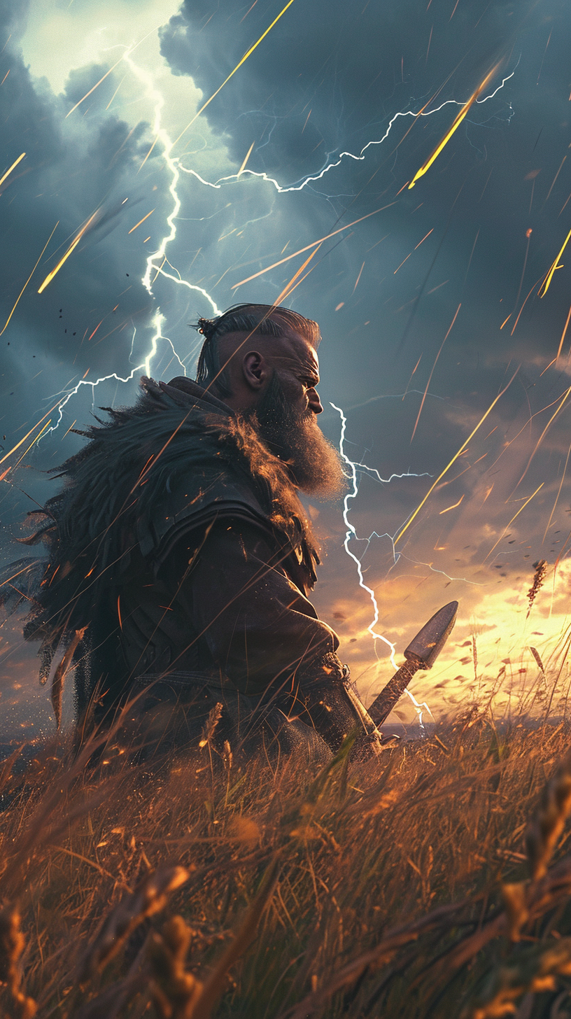 4. The ALT Text for the image could be  Bearded man struck by lightning in fantasy field .