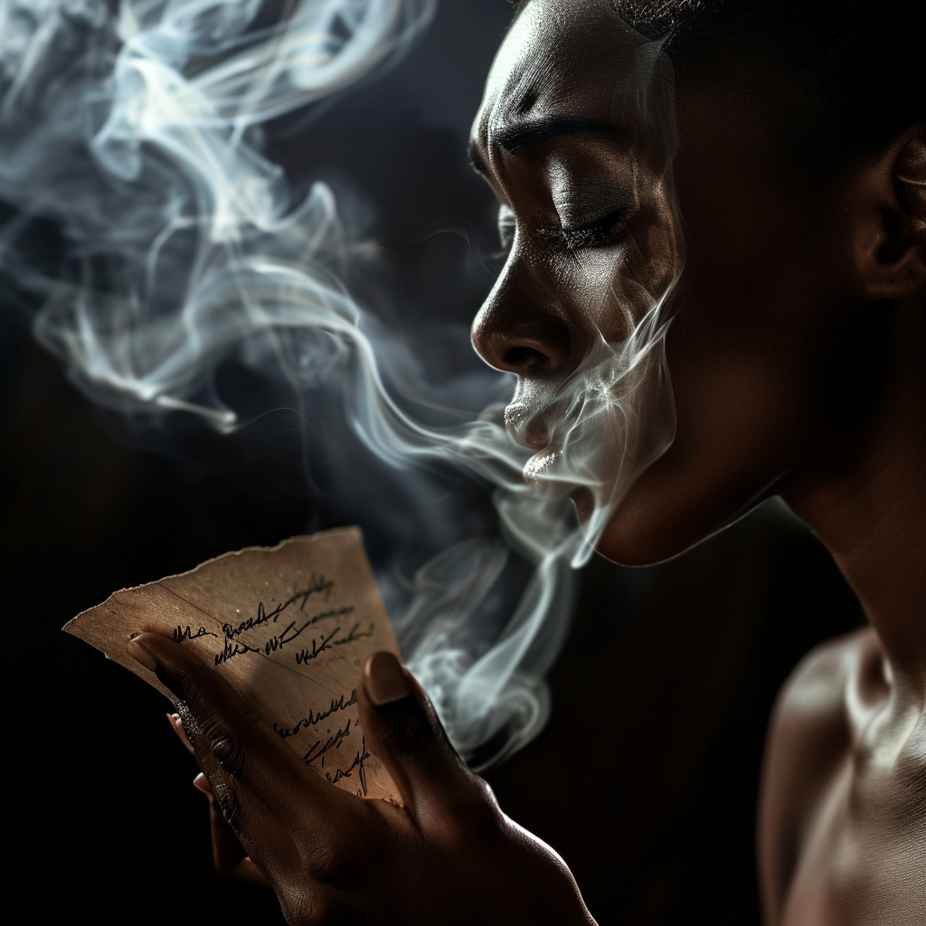 4. Afrocentric woman holding tearful letter with smoke