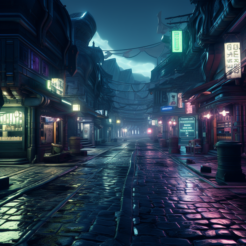 4. Alien street scene with cinematic lighting