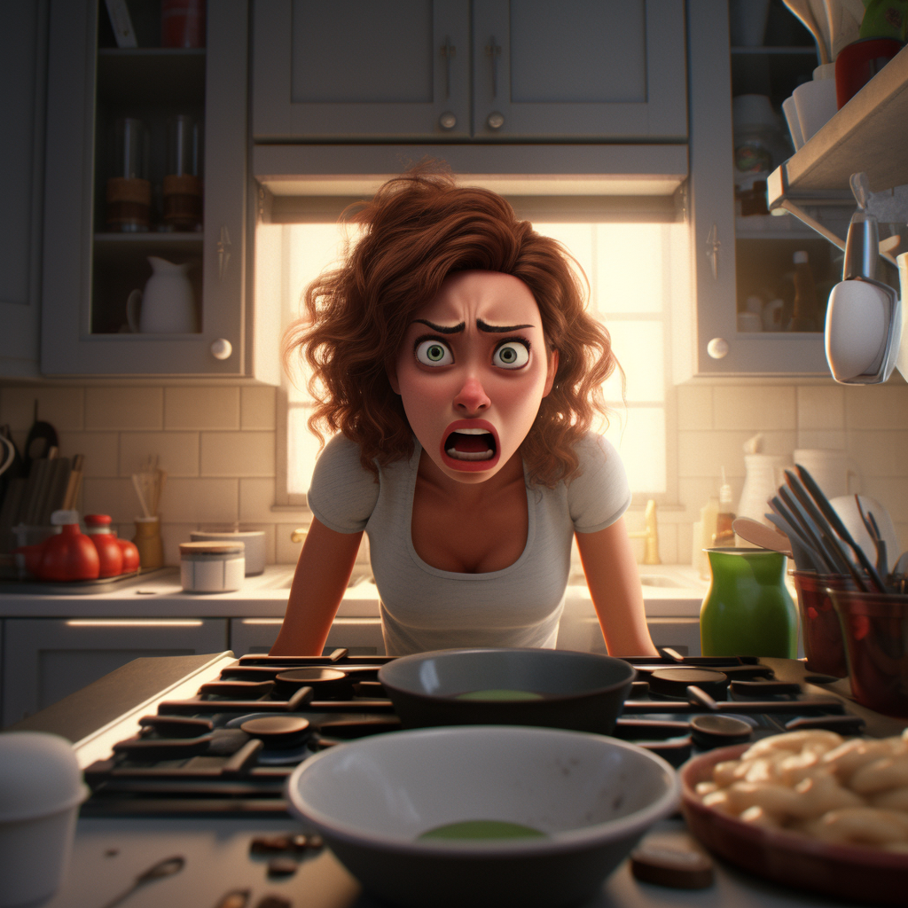 4. Angry woman in kitchen waiting for something to happen.