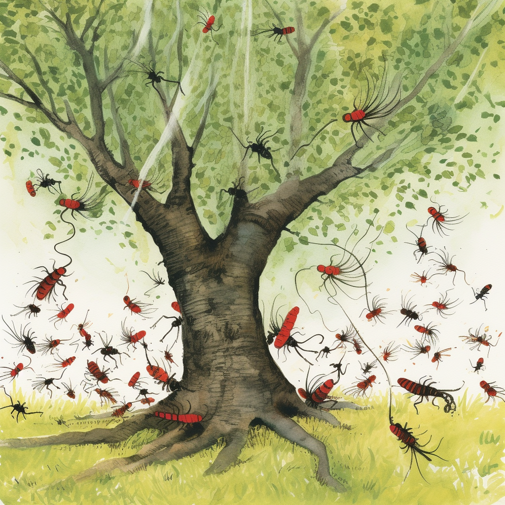 4. Playful ants circling tree branches in child's book