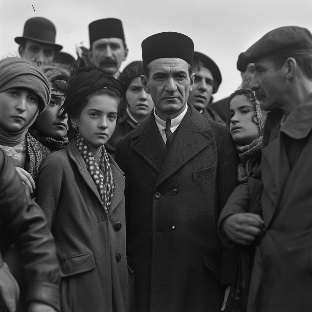 4. Vintage black and white image of Ataturk with Turkish citizens