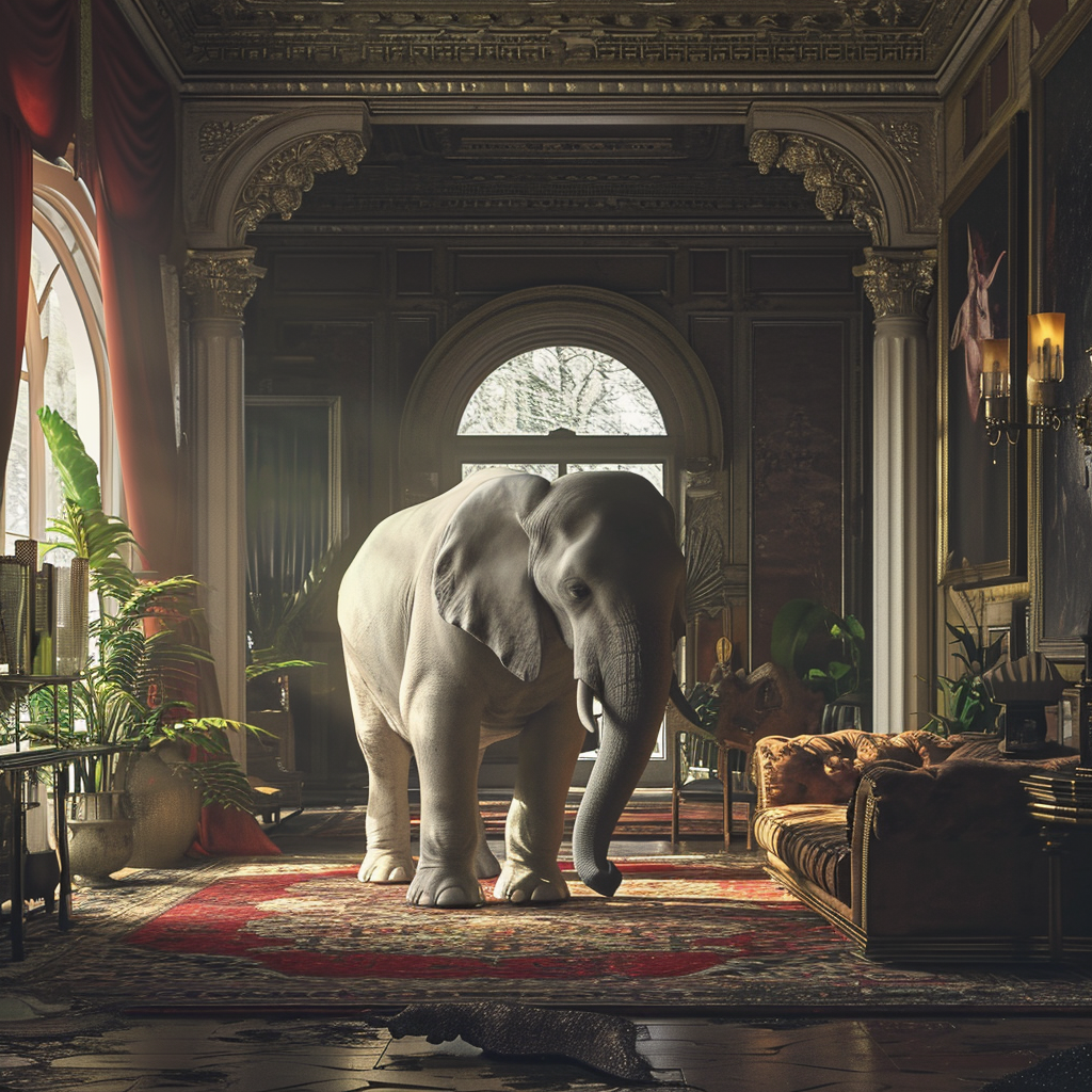 4. Cartoon elephant in ultrarealistic mansion