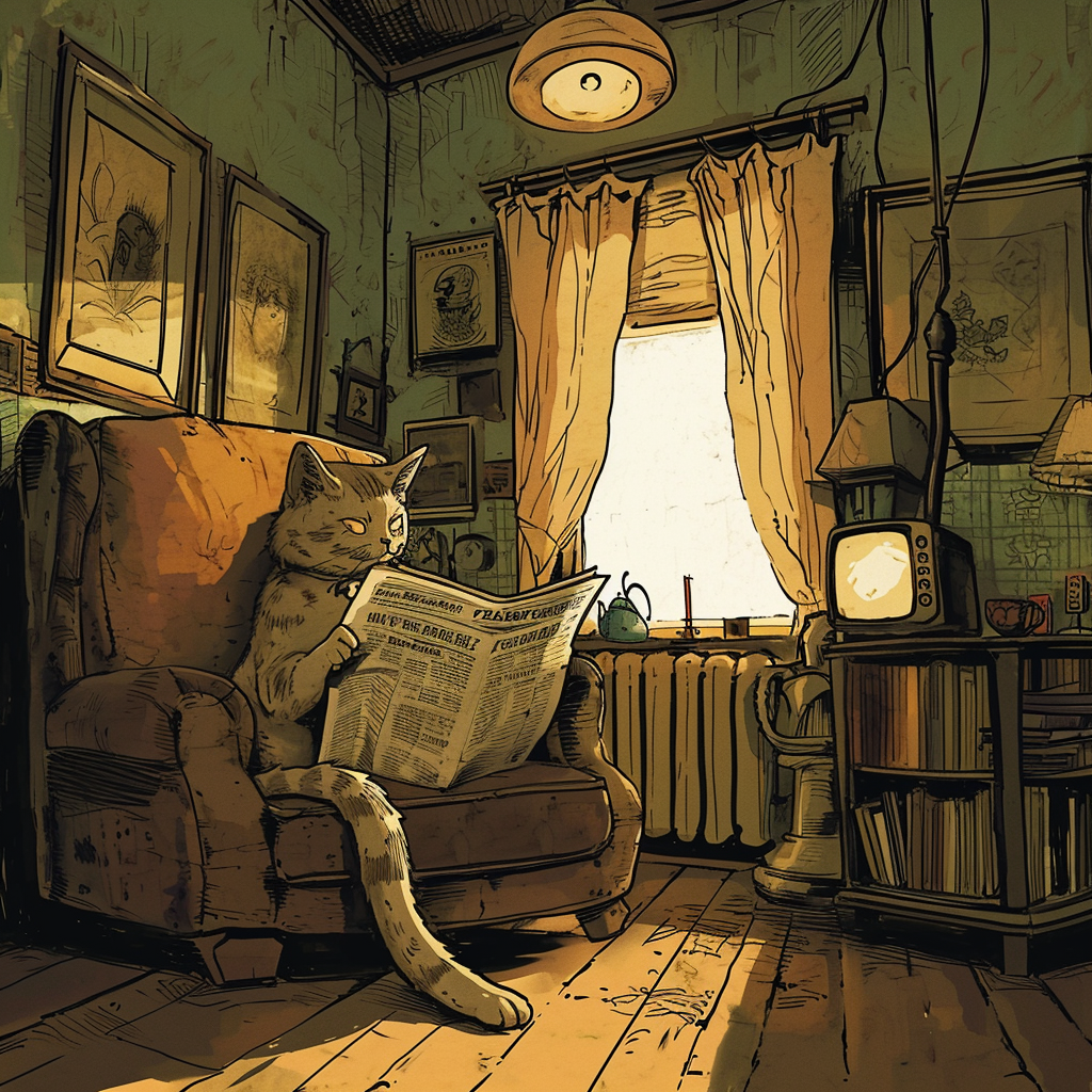 4. Image of a cat reading newspaper in living room