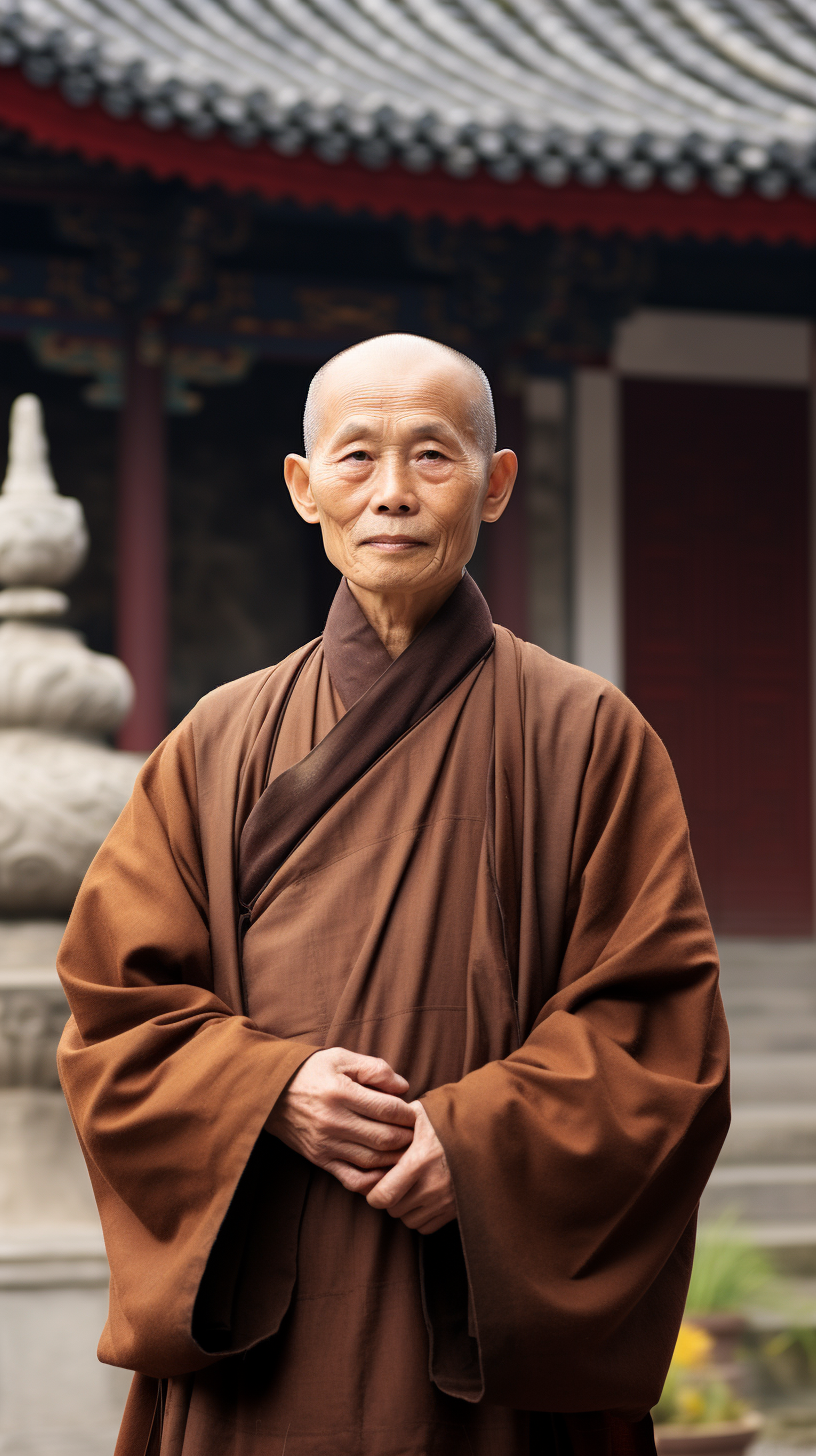 4. Image of Chinese monk and ancient stone temple.