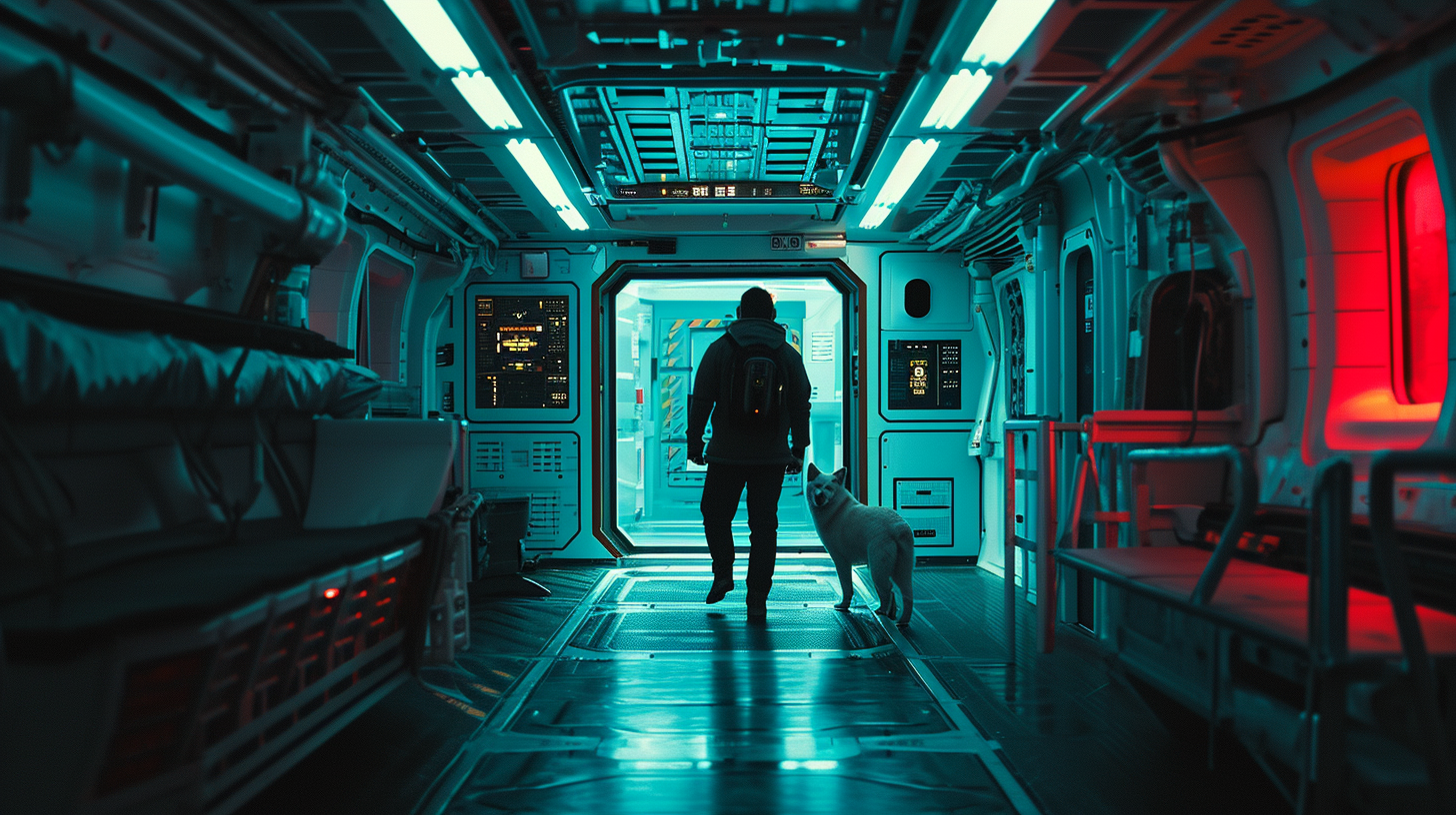 4.  A happy man and his loyal shiba inu exiting a spaceship