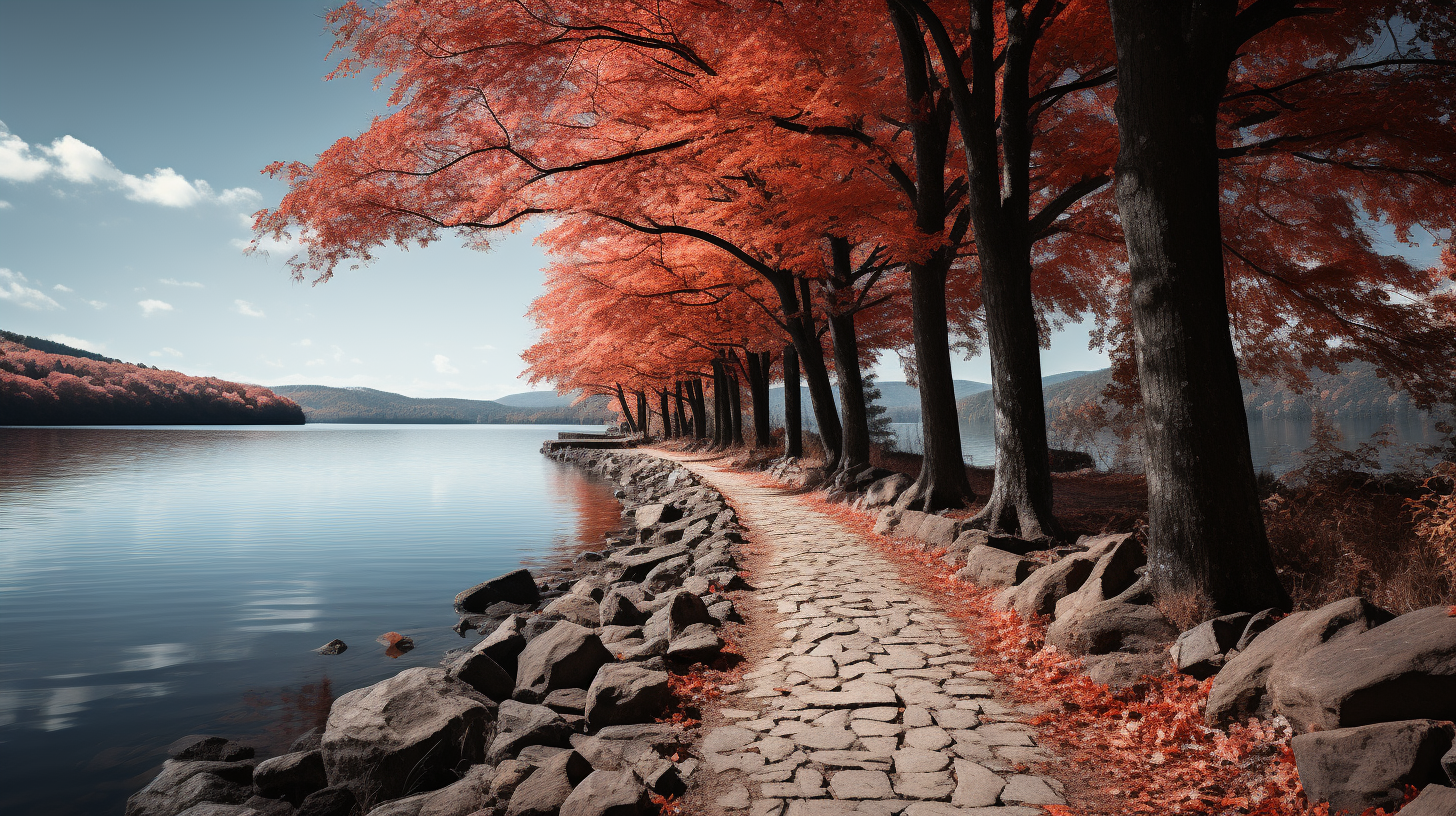 4. Serene mountain lake with cobblestone path