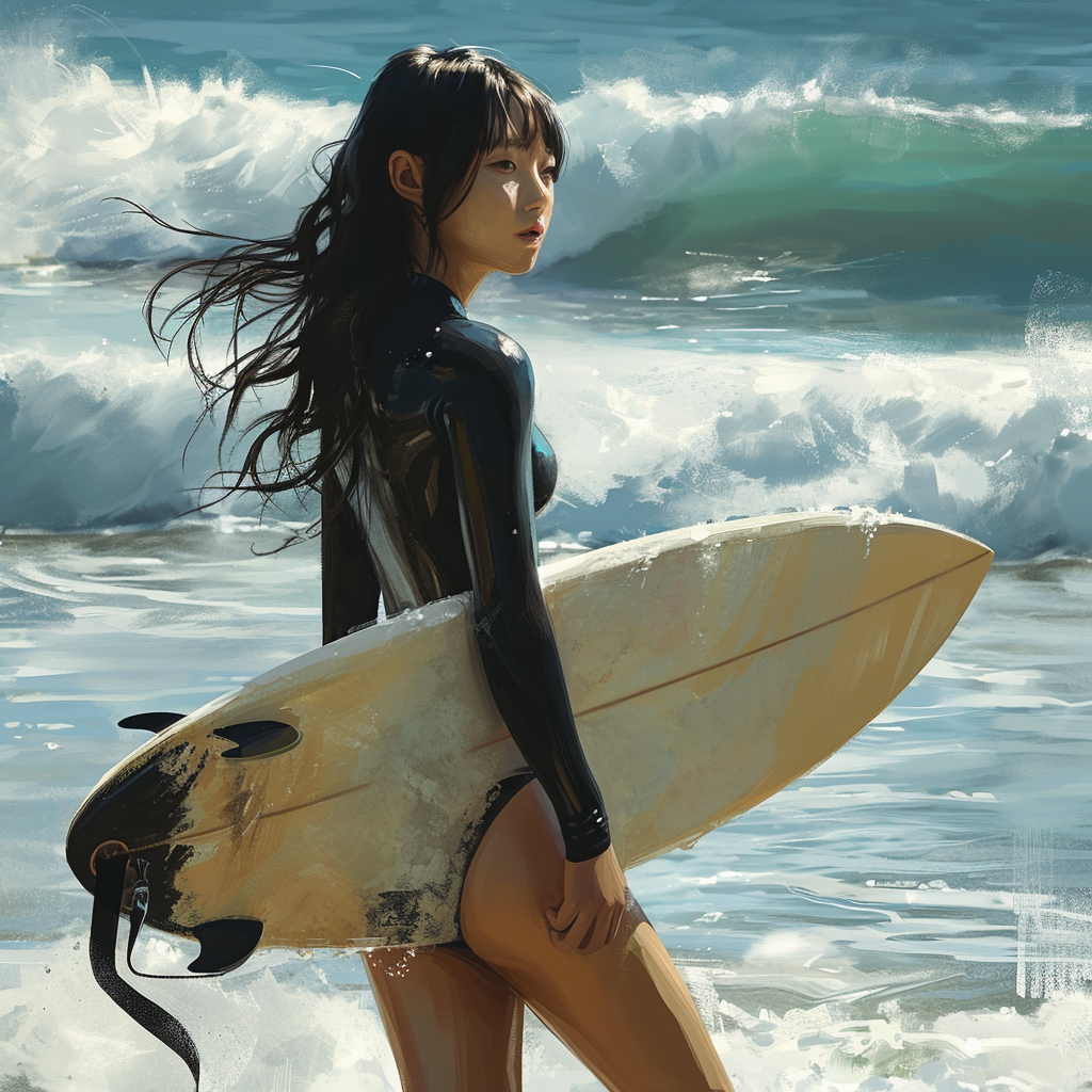 4. Cute Japanese woman surfing with a surfboard in the sea