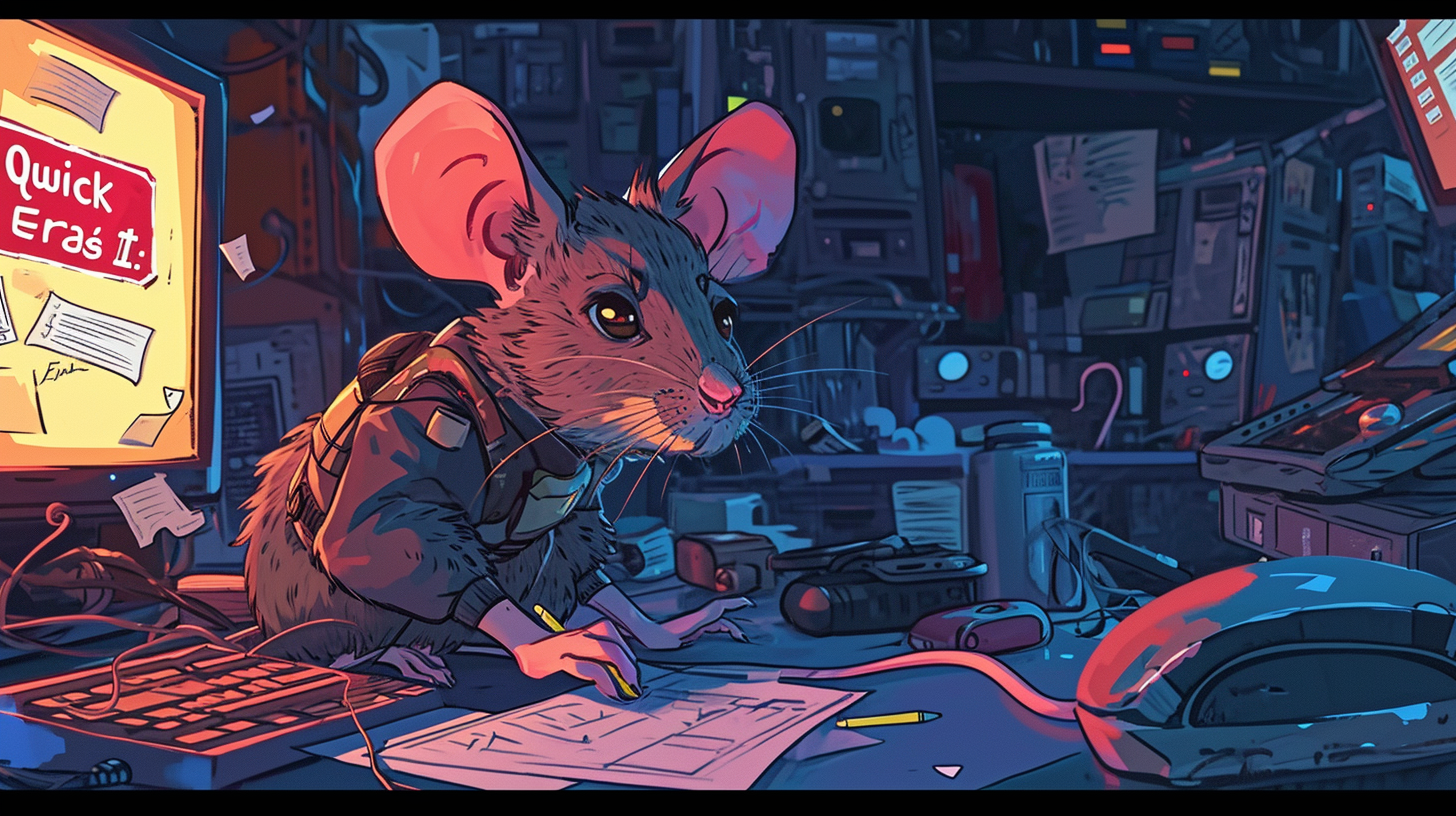 4. Cybernetic rat erasing data on office screen.