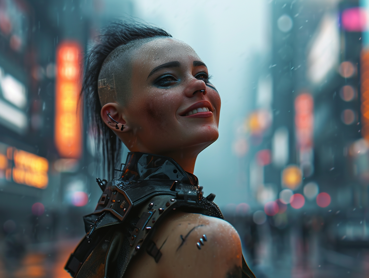 4. Cyberpunk warrior goddess with gray eyes