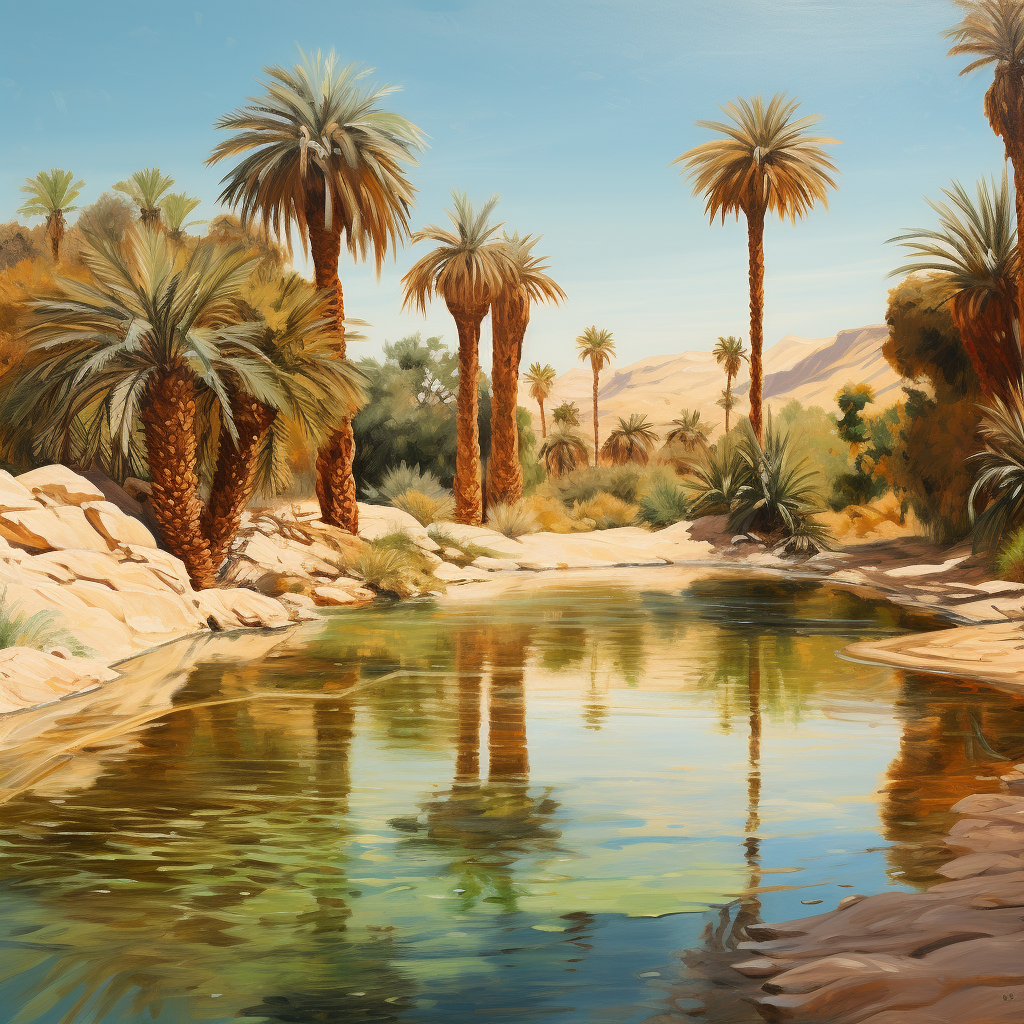 4. Date palms surrounding tranquil pool of water