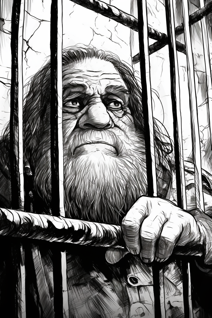 4. Imprisoned dwarf behind metal bars in fantasy setting