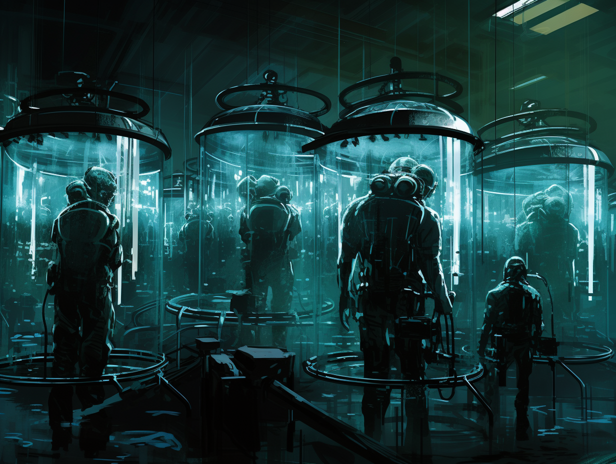 4. Image of eerie laboratory with cybernetic soldiers in fluid-filled containment cylinders.