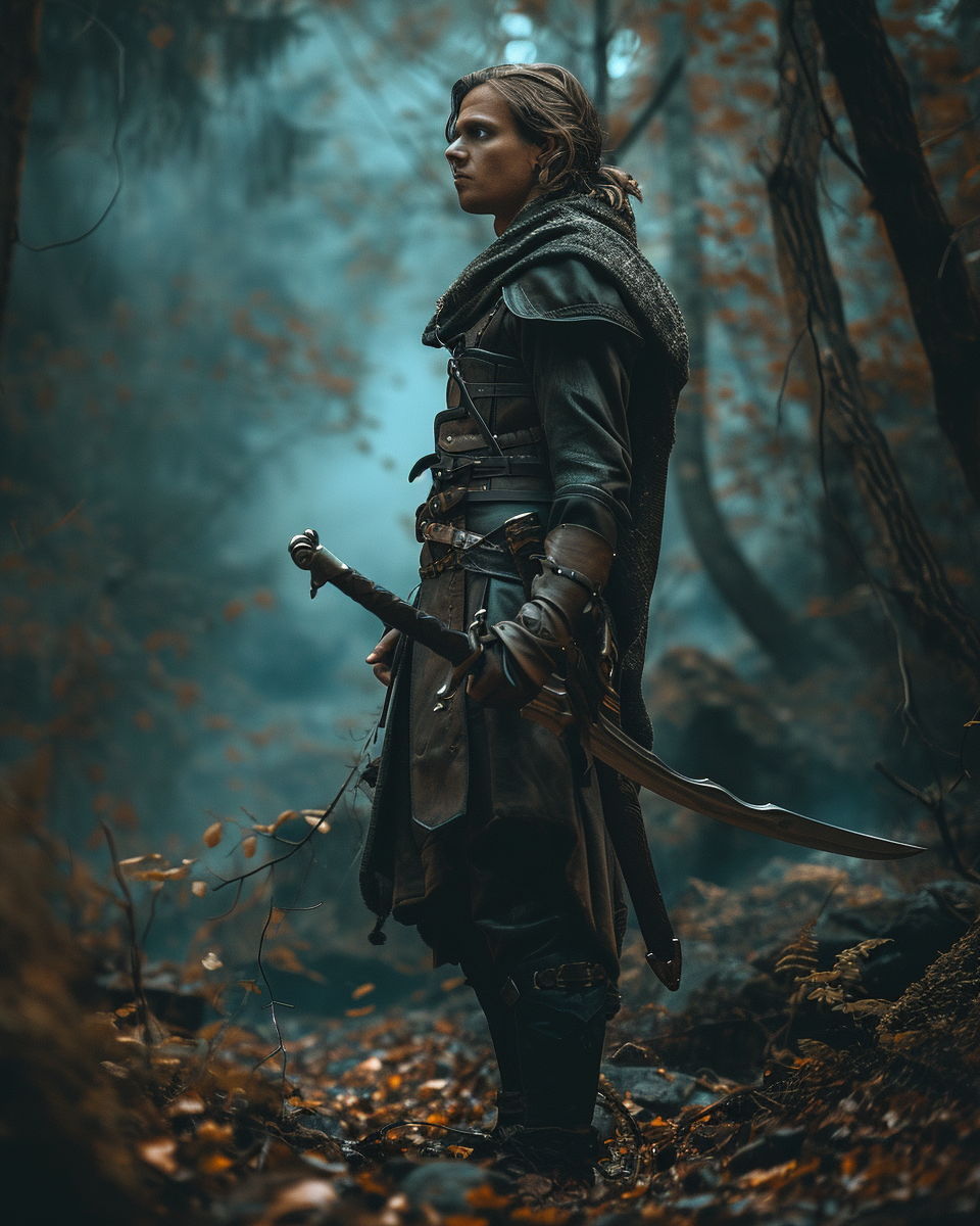 4. Elf male warrior preparing for an intense battle in a dark forest.