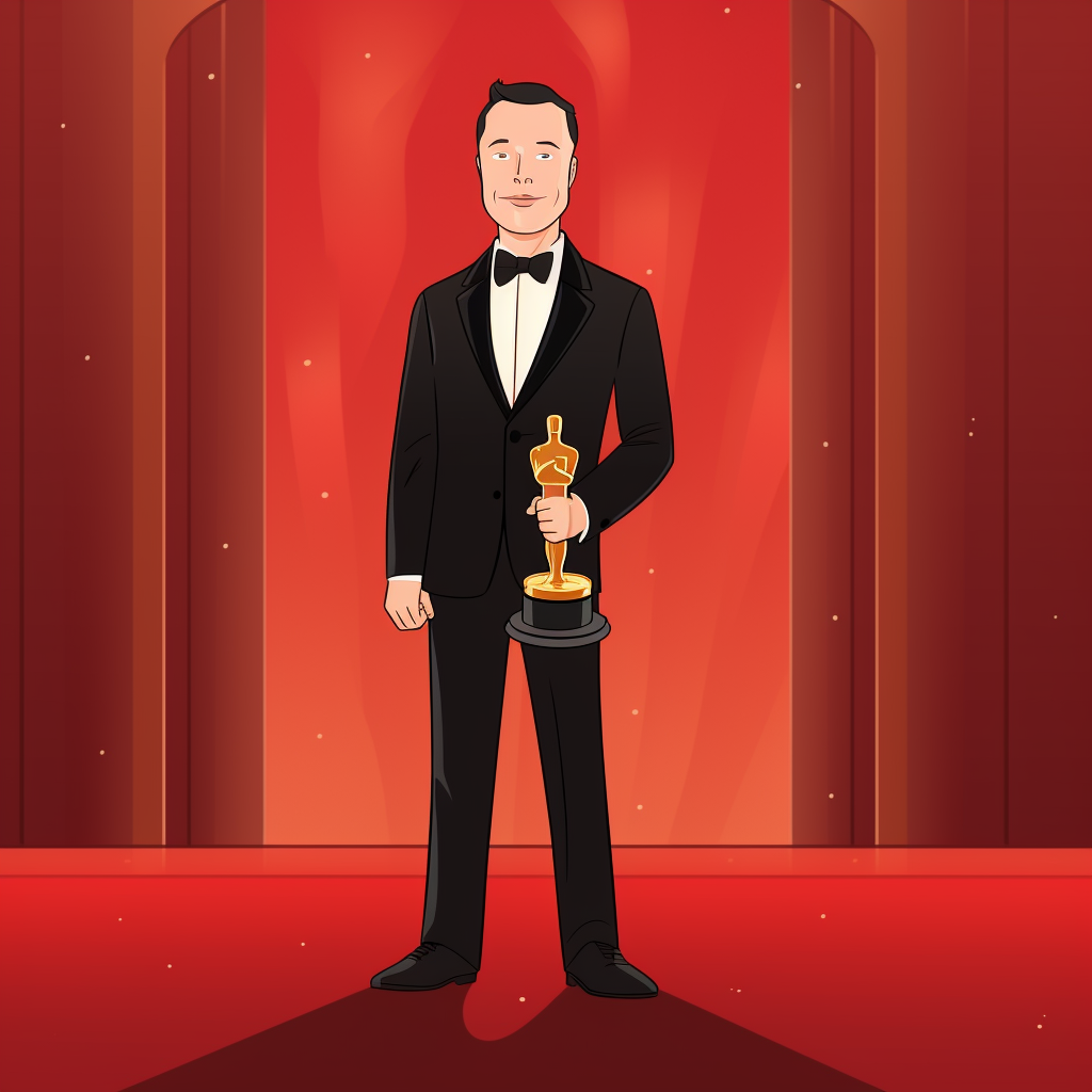 4. Cartoon image of Elon Musk holding an Oscar