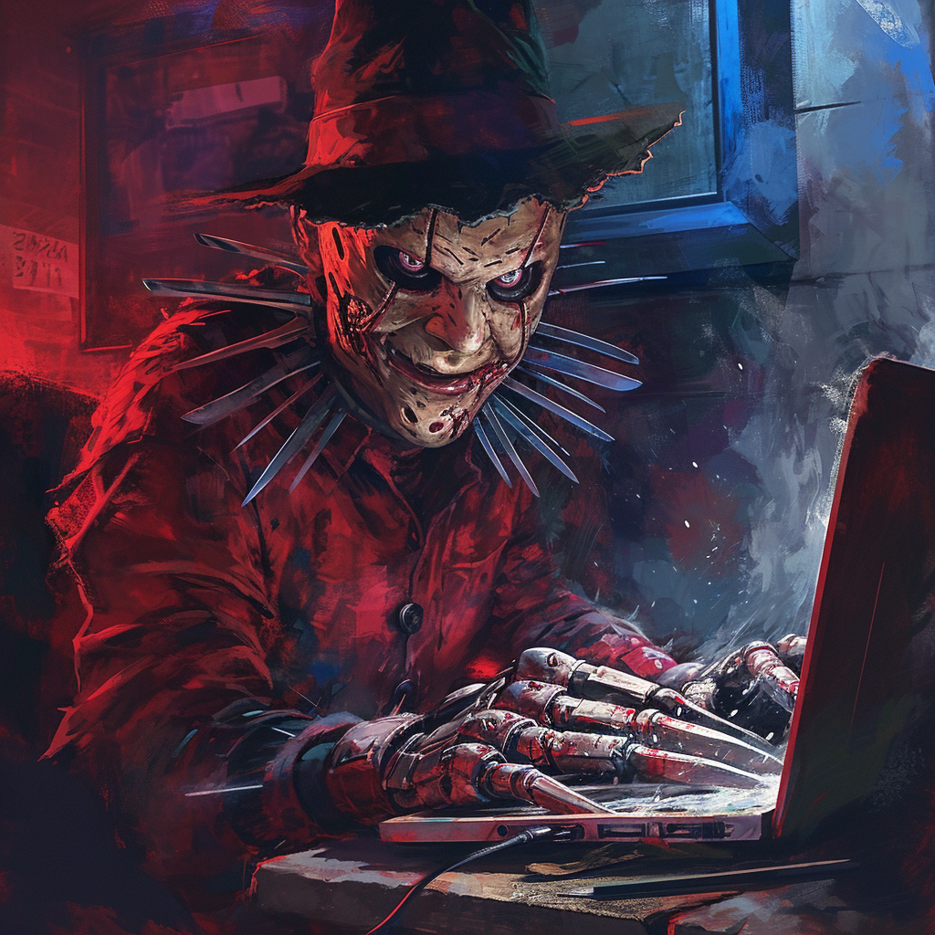 4. Freddy Krueger working on laptop, with knife hands