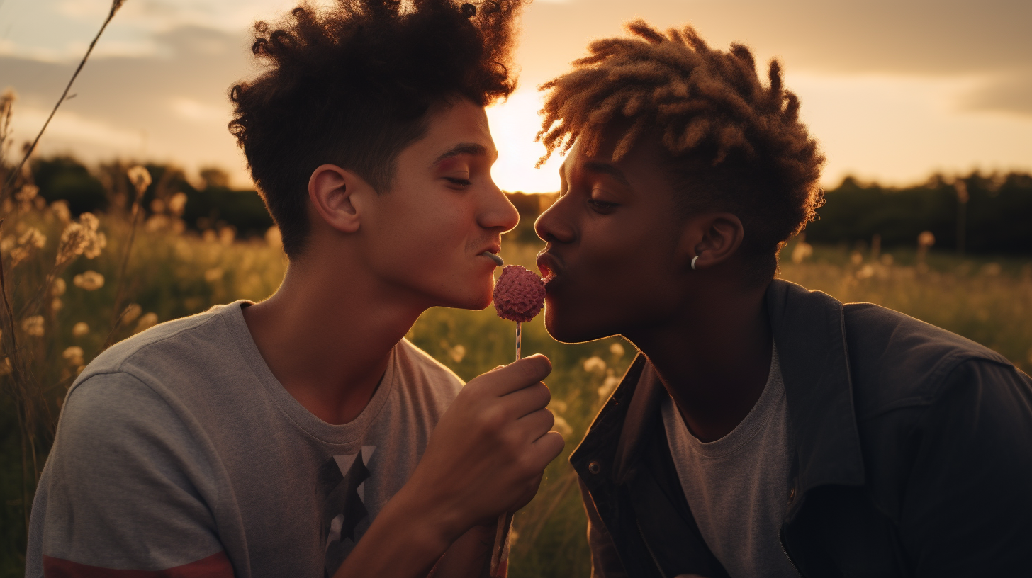 Gay couple enjoying a lolipop at sunset